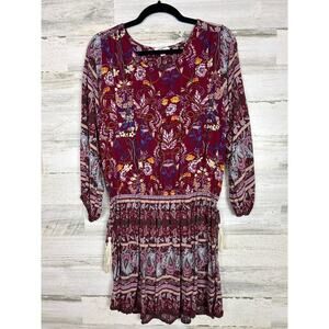 Umgee women's Medium burgundy boho mini dress 3/4 sleeve lightweight floral